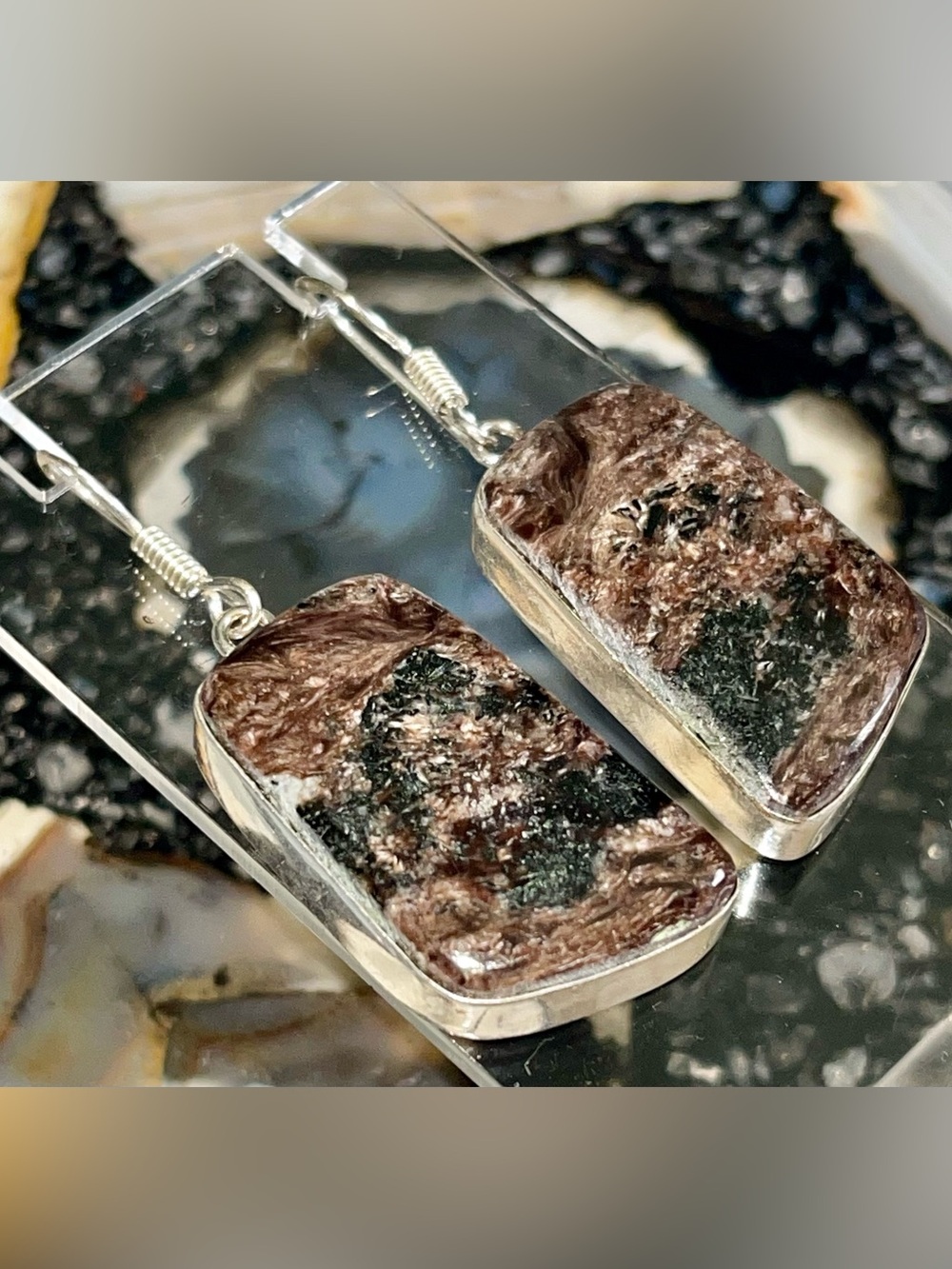 Dark Brown “Stone of Transformation” Charoite Earrings 2 1/4